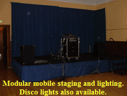 Modular mobile staging and lighting.
Professional music system.
Disco lights also available.